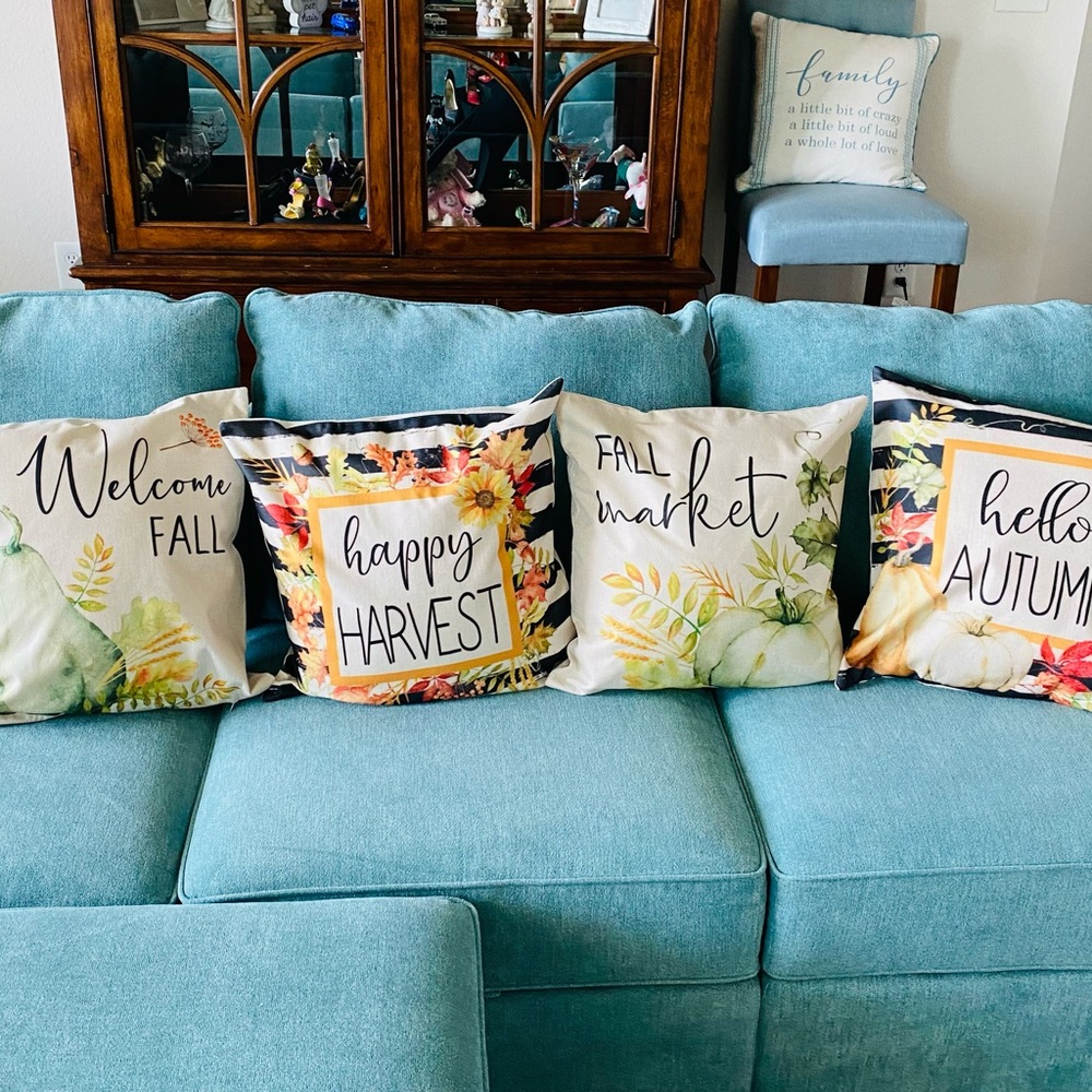 Fall/Autumn Festive Pillow Covers.  Set of 4.  For 16” x 16” Pillows, NEW